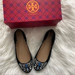 Tory Burch Delphine Crystal Jewel Black Suede Ballet Flats, Size 7